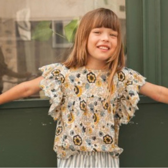 GUC Louis Louise Floral Jasmine Flutter Sleeve Blouse In Blue & Yellow 6 - Picture 1 of 15